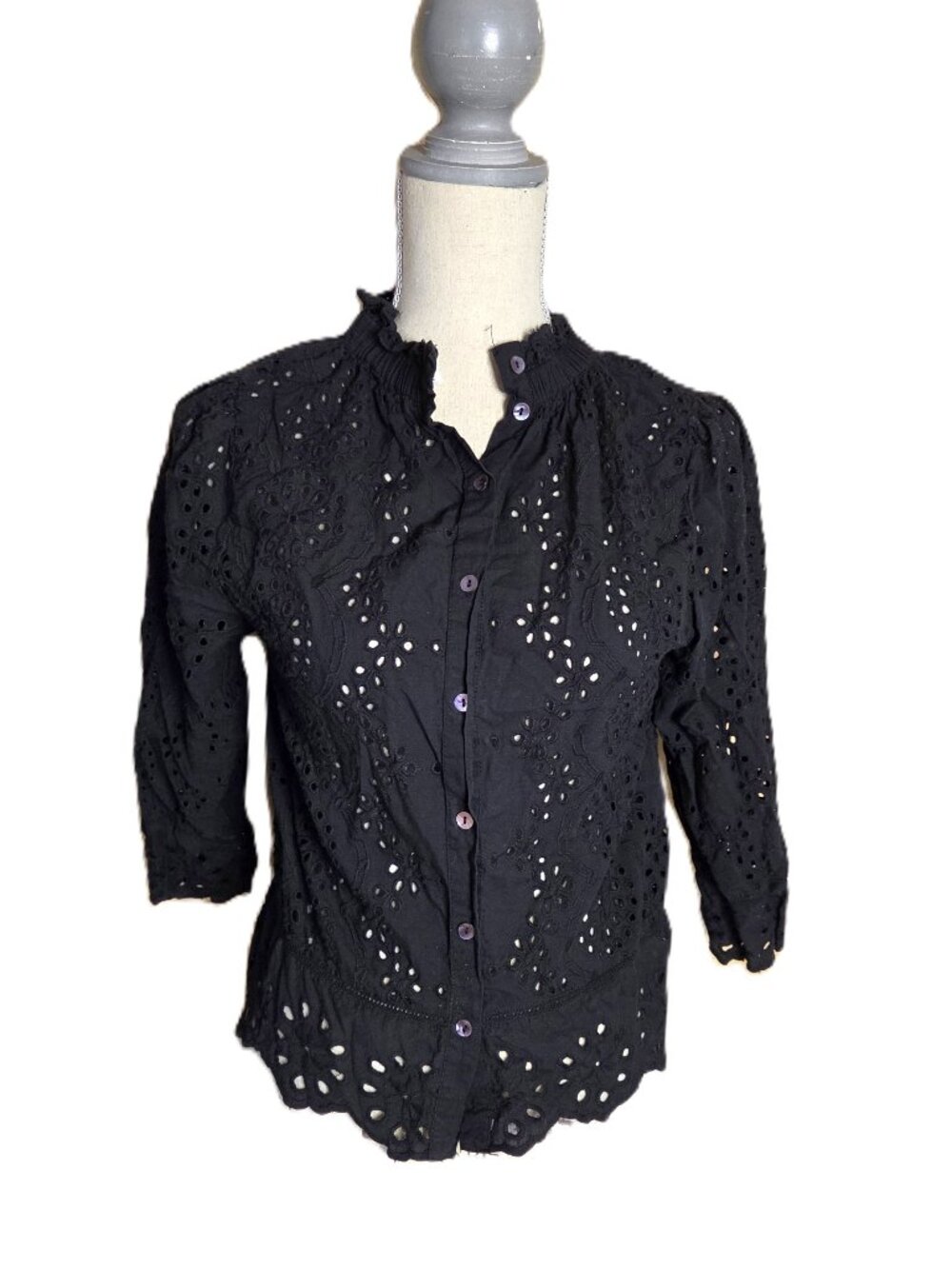 Women's XS Button Up Black Button Down Eyelet Top Blouse Jennifer & Grace